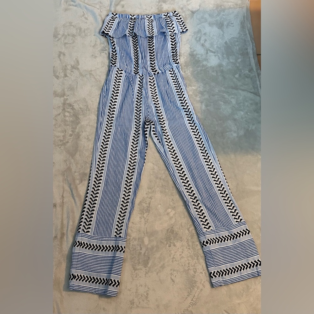 Lemlem Black and Blue Print with Ruffles Strapless Jumpsuit